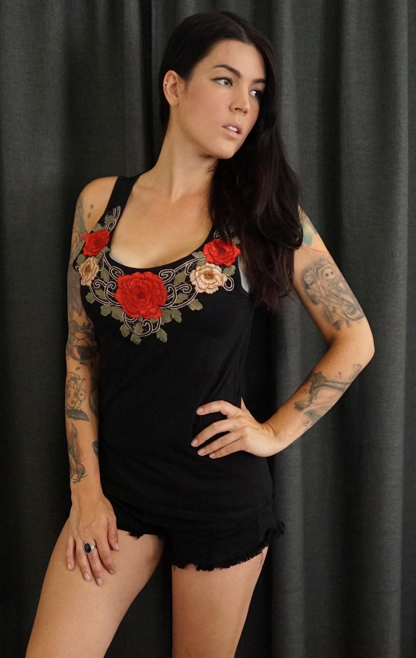 Olivia Paige Clothing -Embroidery  appliqué tattoo rose roses tank top