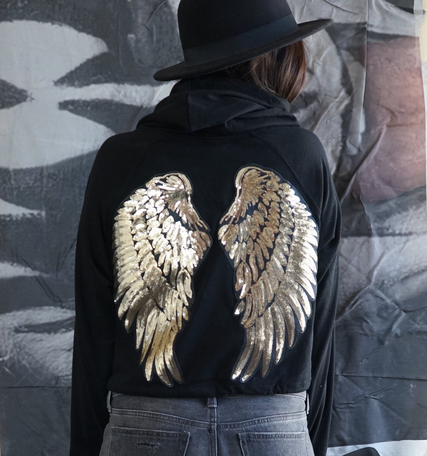 Olivia Paige Black Sweatshirt Gold wings angel crop top hoodie