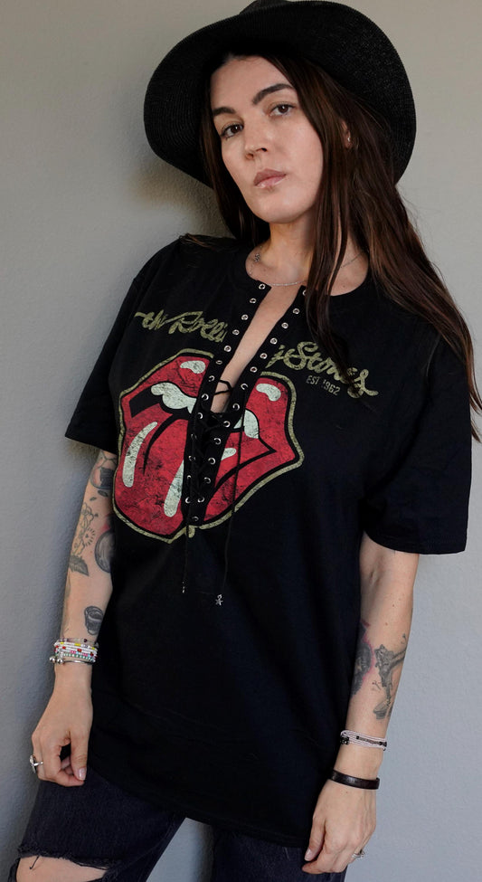 Rolling Stones Lace-Up Band Tee: Upcycled Concert Shirt