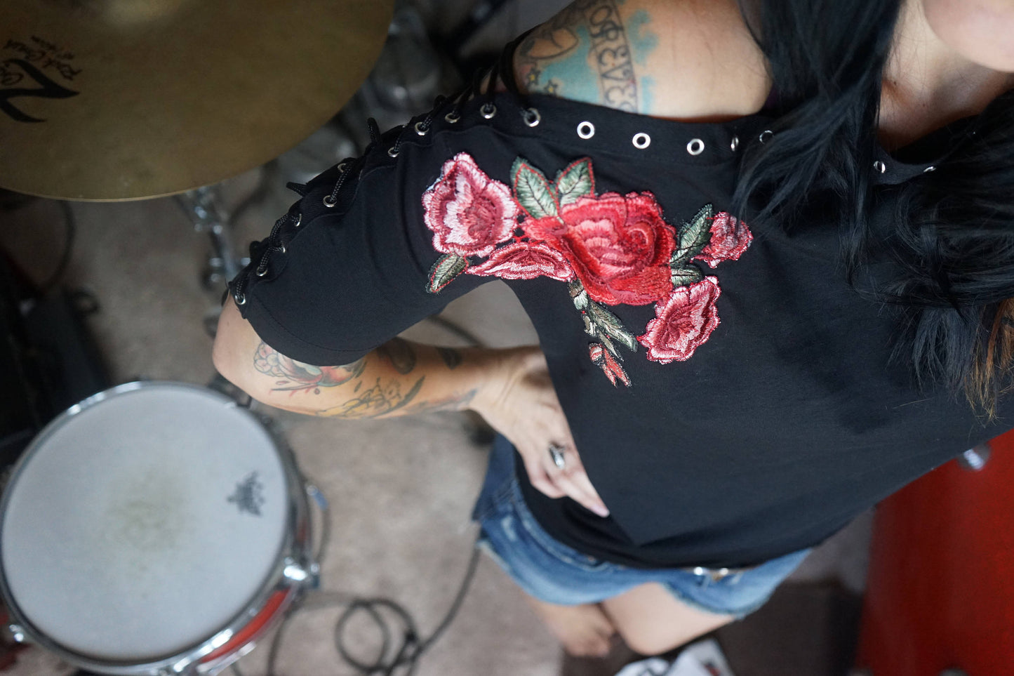 Embroidered Rose Applique Tank Top: Eyelet Lacing Pin Up Rockabilly Shirt