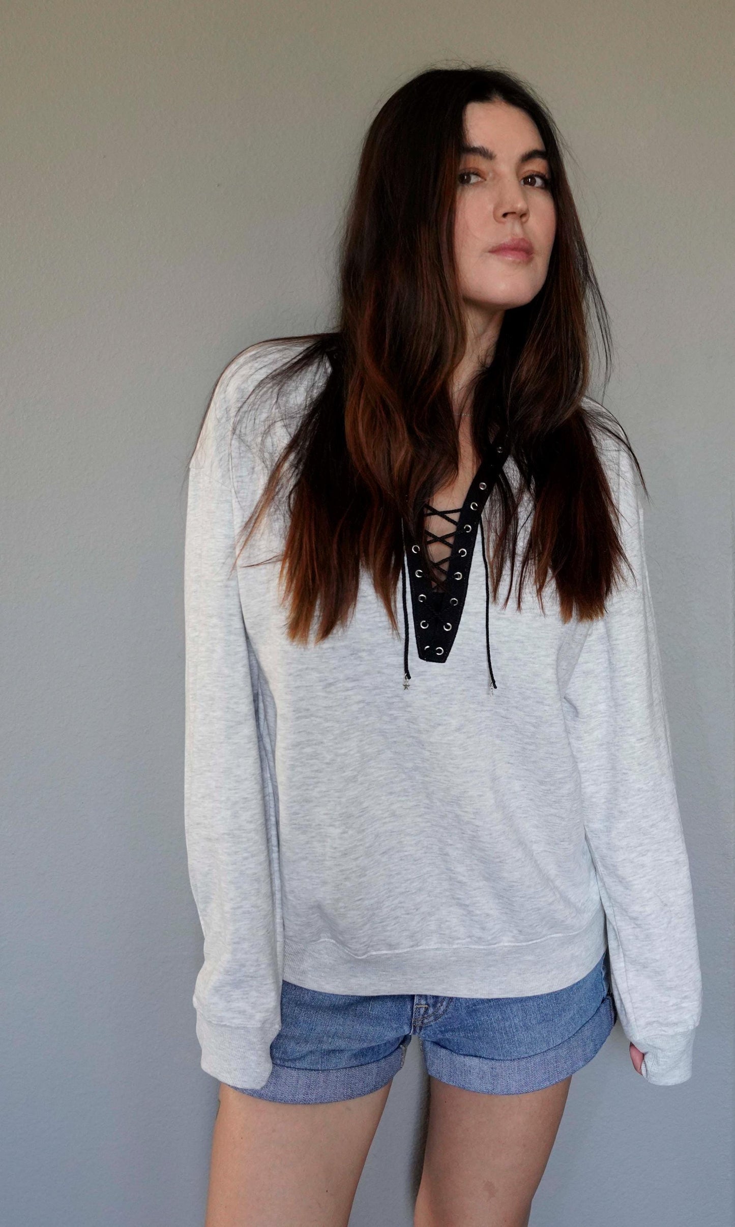 Olivia Paige - Oversized  Sweatshirt Hoodie Lace up Grommets Eyelets V-neck