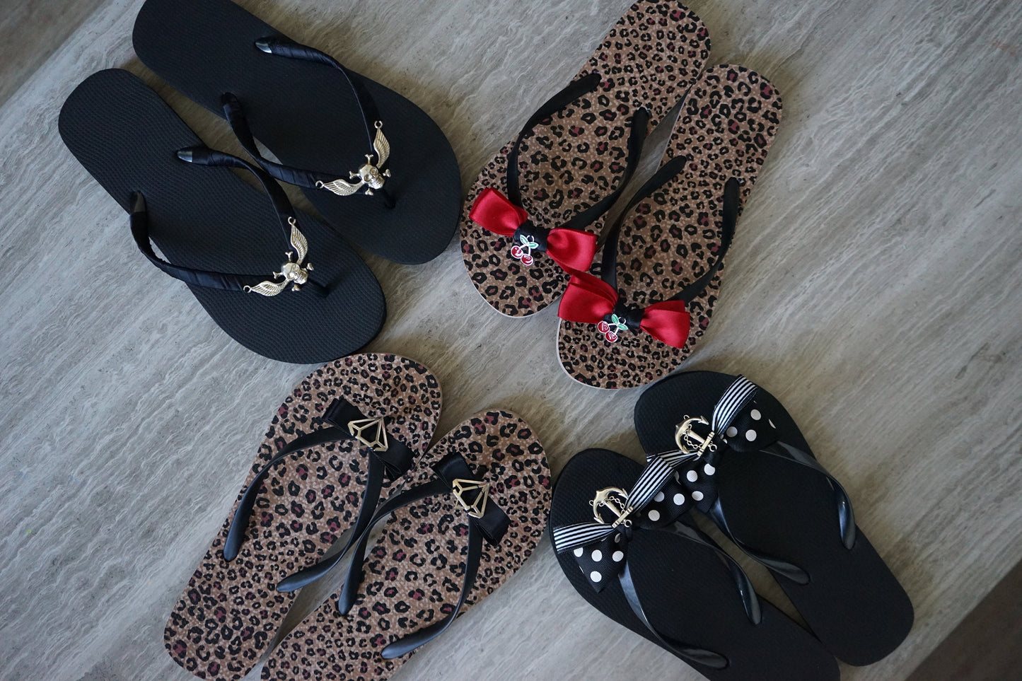 Leopard Flip Flops: Pin Up Rockabilly Cherry Bow Shoes