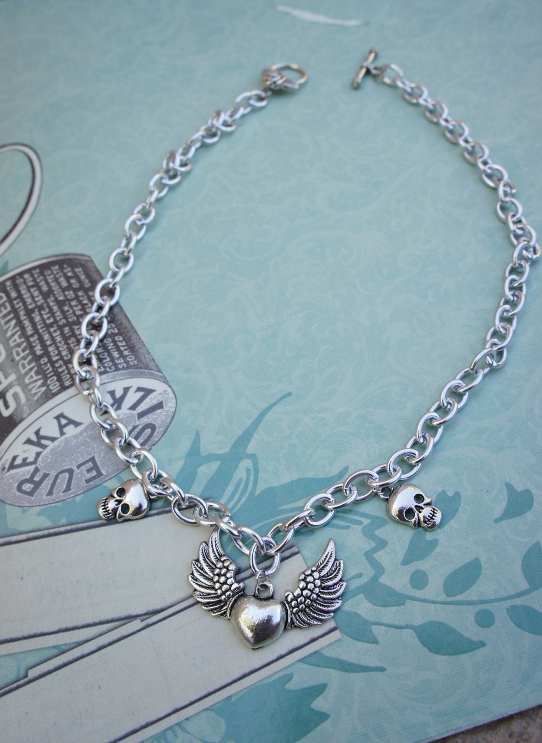 Olivia Paige - Silver heart  skulls rockabilly necklace