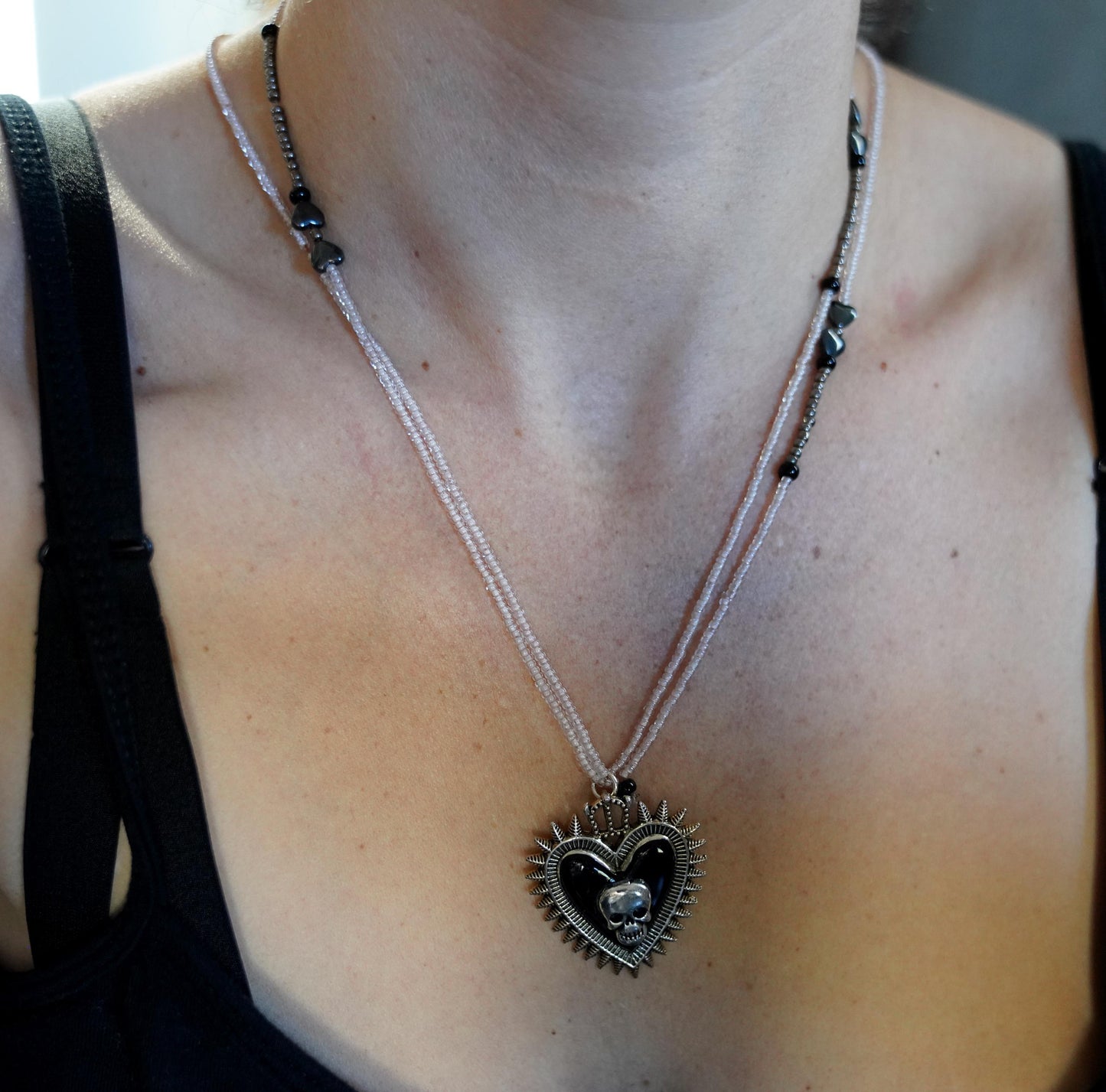 Olivia Paige -Silver Pin up rockabilly Heart Skull Skeleton necklace with Beads