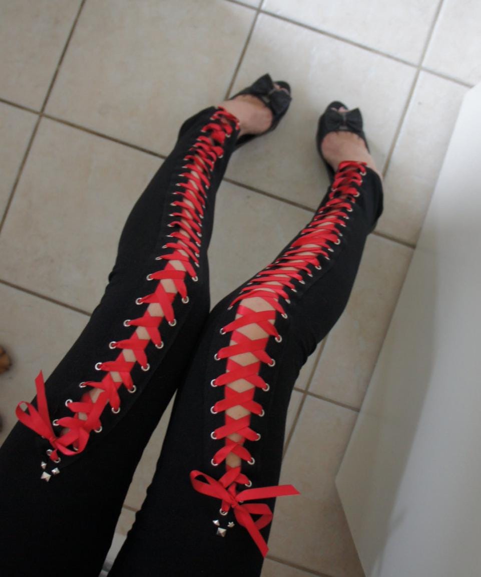 Olivia Paige -Punk rock Leggings with red ribbon Lace Up studs