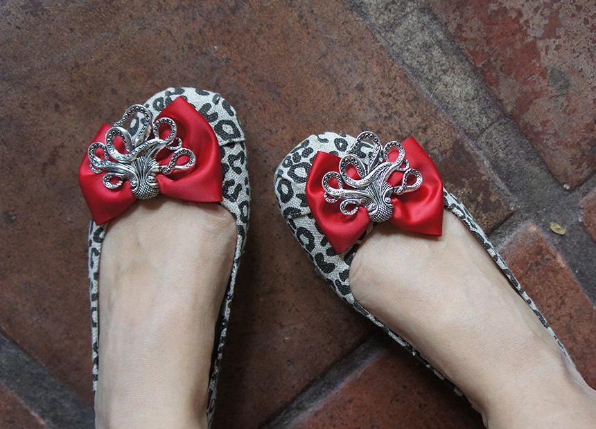 Olivia Paige -Red satin Bows Octopus Leopard SHOE CLIPS  Rockabilly Pin up