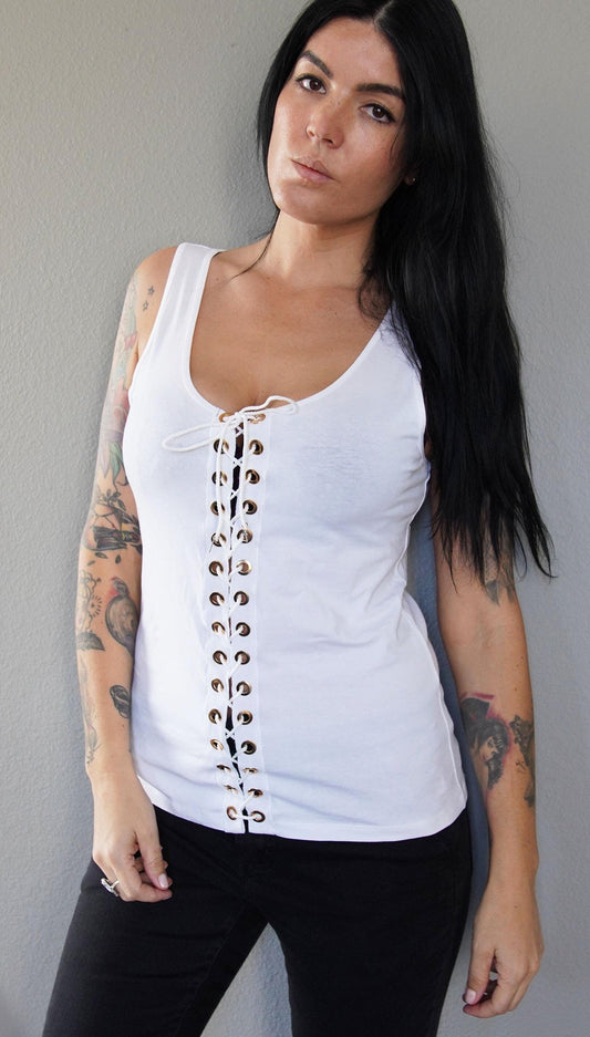 Olivia Paige Clothing - White front Eyelet grommets lace up tank corset style