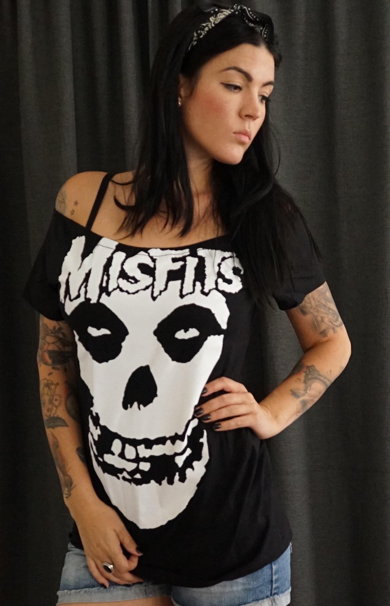 Misfits Lace-Up Concert Tee: Upcycled Band Shirt, Shoulder Cutout