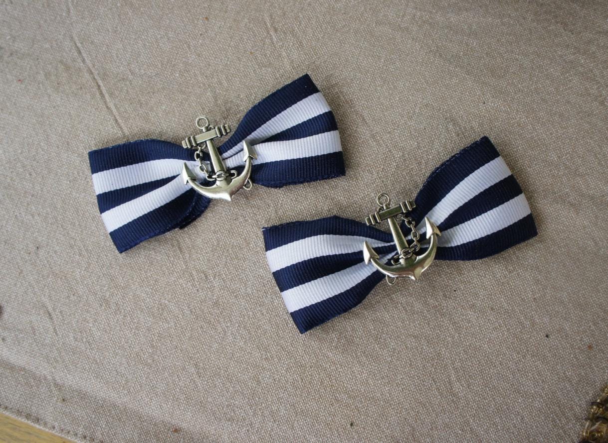 Olivia Paige - Rockabilly Navy Anchor Stripes Bows  shoe Clips  Pin up