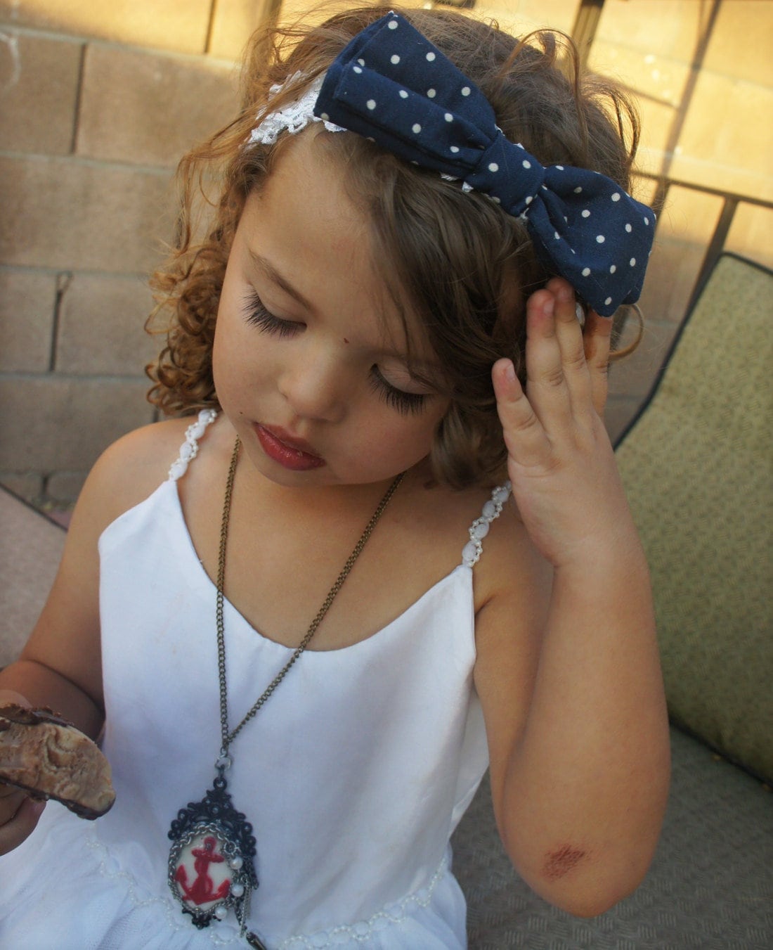 Olivia Paige -Pin up baby girl Sailor Navy polka dot bow HEADBAND