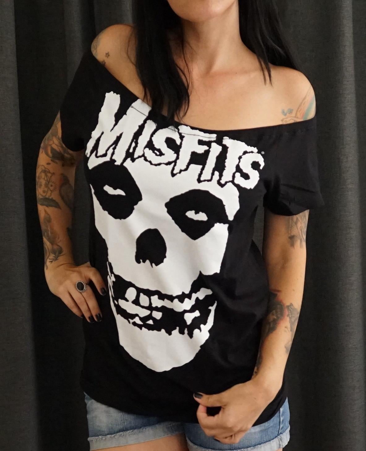 Misfits Lace-Up Concert Tee: Upcycled Band Shirt, Shoulder Cutout