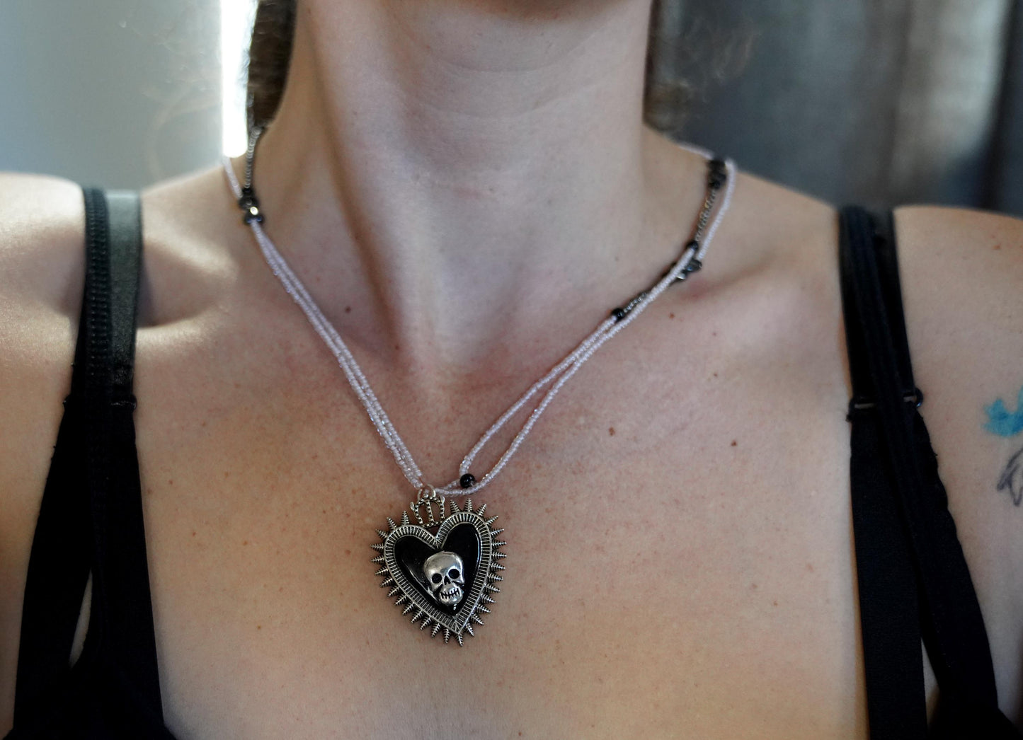 Olivia Paige -Silver Pin up rockabilly Heart Skull Skeleton necklace with Beads