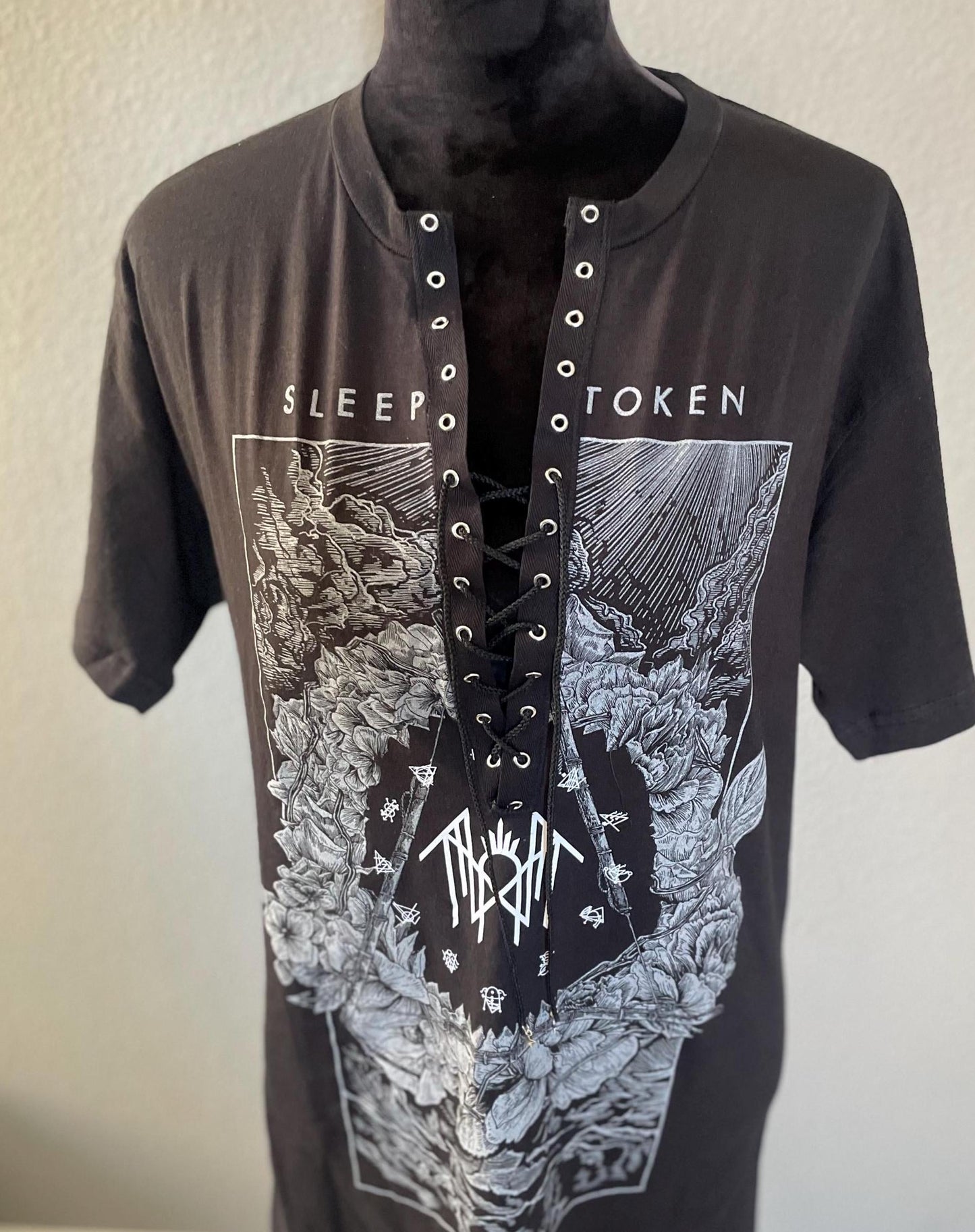 Sleep Token Lace-Up Band Tee: Acid Wash Concert Shirt