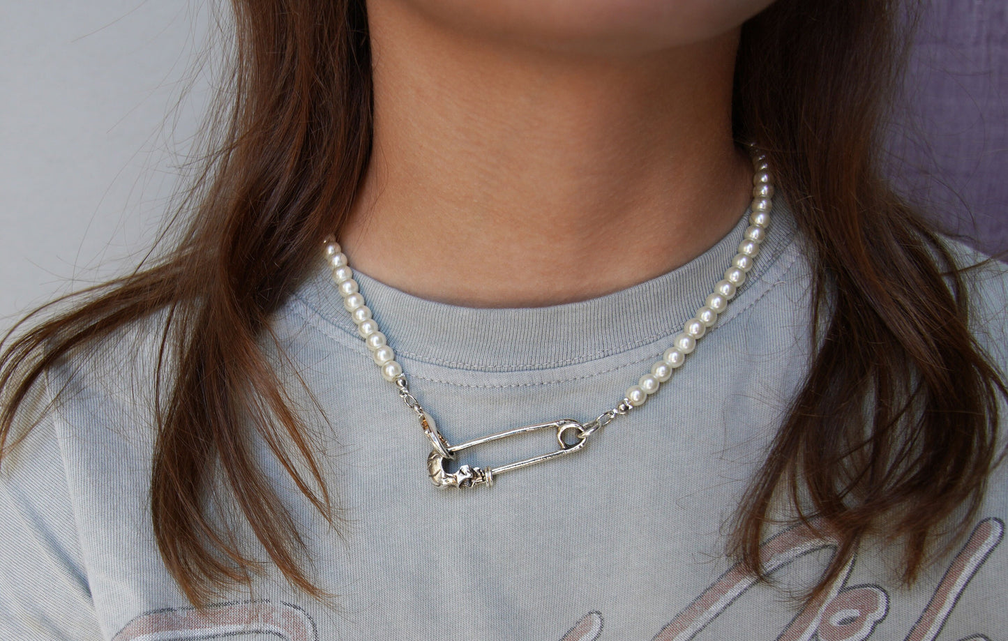 Olivia Paige -Safety pin Pearl Skull skeleton  Necklace Goth