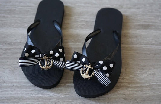 Olivia Paige - Black Sailor Stripes Anchor Pin Up rockabilly Flip flops