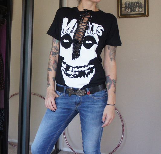 Handmade Misfits Lace-Up Band Tee: Upcycled Gothic Top