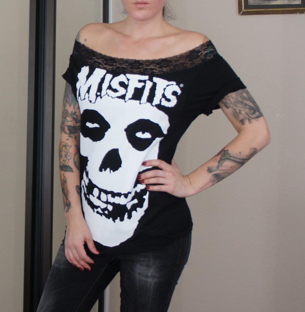 Misfits Band Tee: Upcycled Off-Shoulder Lace Top