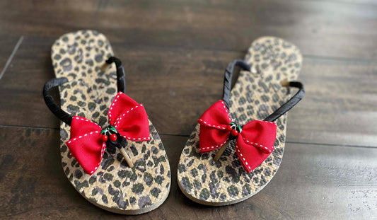 Leopard Flip Flops: Pin Up Rockabilly Cherry Bow Shoes