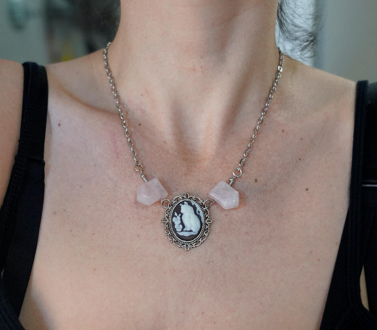 Cameo Cat Rose Quartz Necklace: Silver Skeleton Gemstone Jewelry