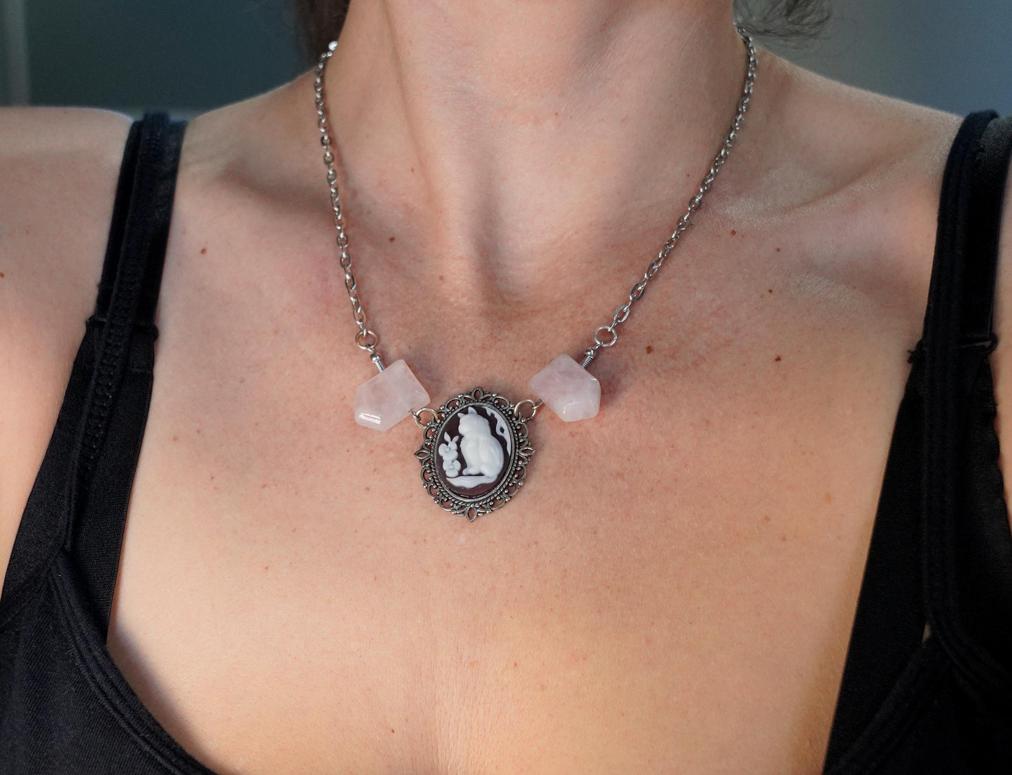 Cameo Cat Rose Quartz Necklace: Silver Skeleton Gemstone Jewelry