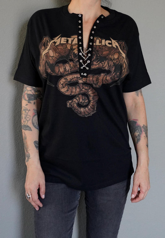 Lace-Up Metallica Concert Tee: Hand-Altered Band Shirt