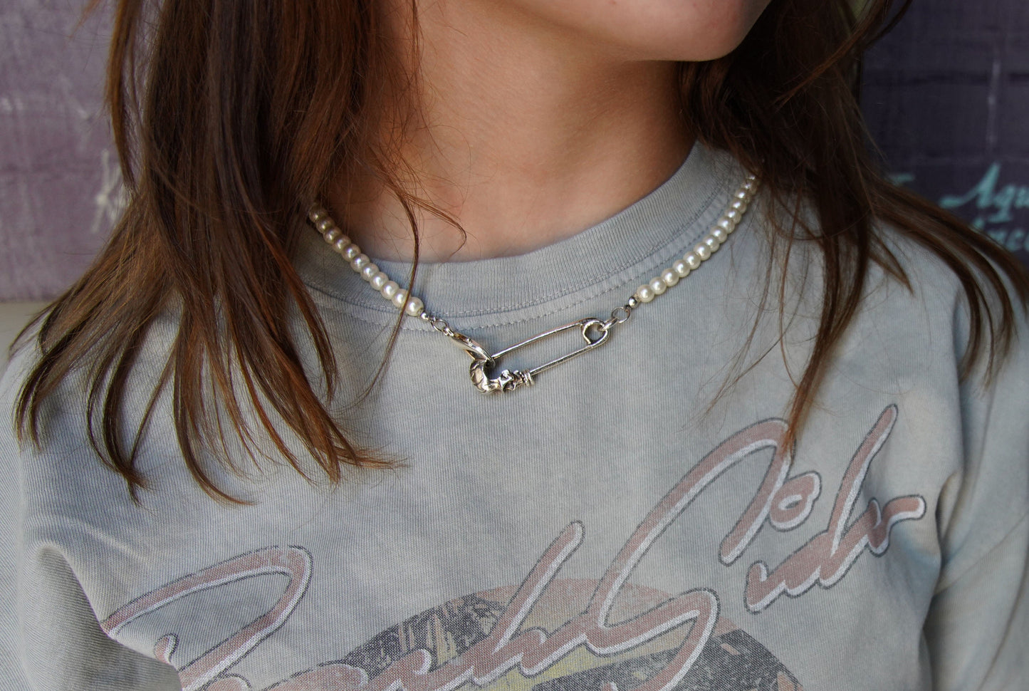 Olivia Paige -Safety pin Pearl Skull skeleton  Necklace Goth