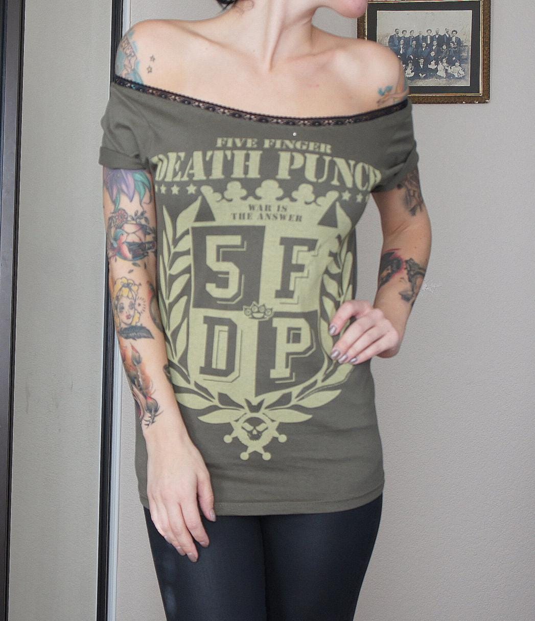 Olivia Paige - Five Finger Death Punch concert Music festival band crew Tee Shirt, T-Shirt  Lace Up Band Tee
