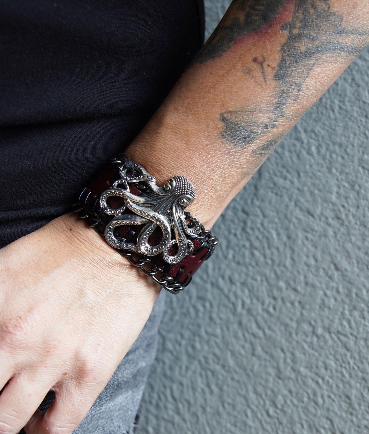 Olivia Paige -Leather Silver Rockabilly octopus bracelet with anchor
