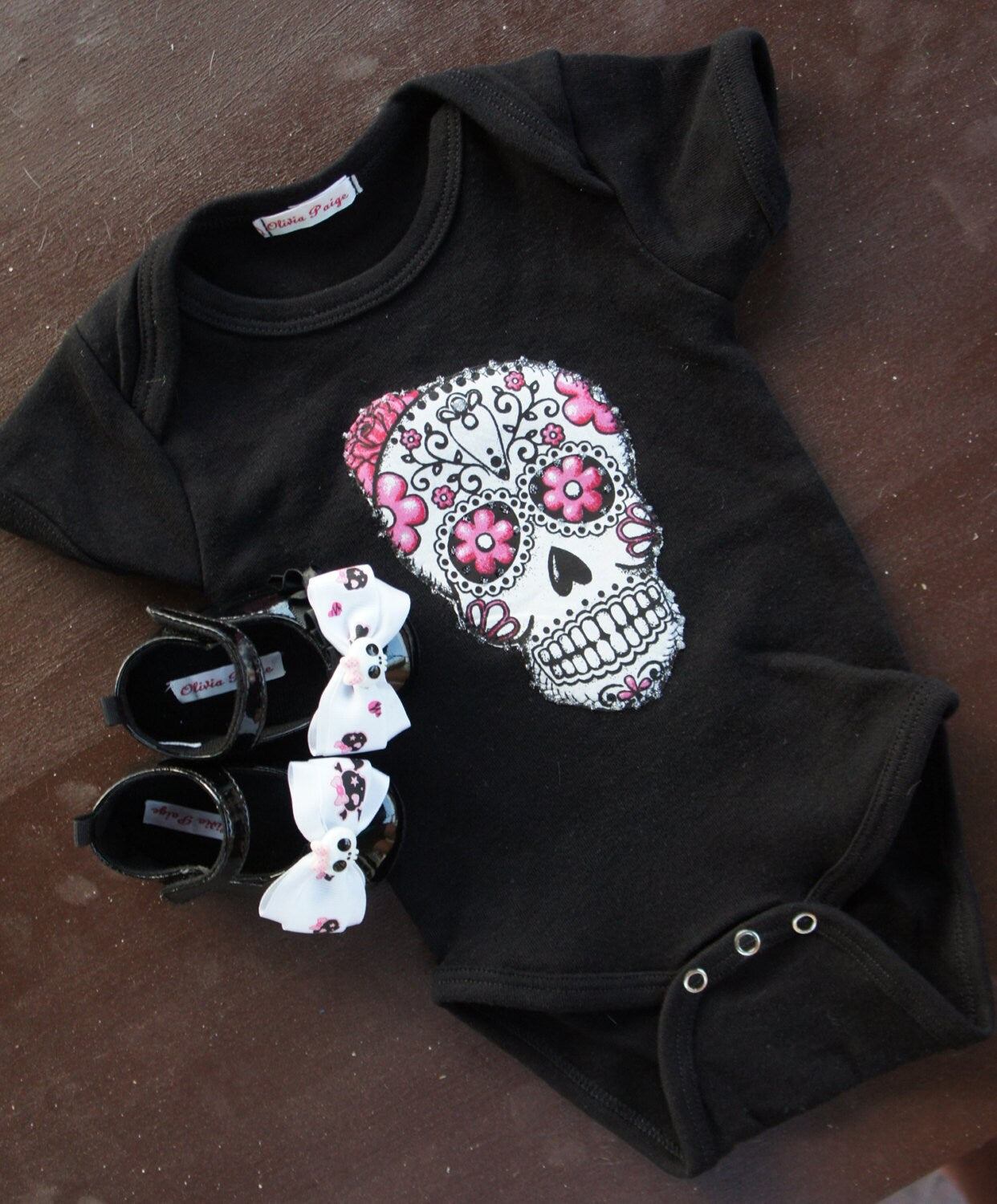 Olivia Paige - Rockabilly baby punk rock sugar skull skeleton outfit bodysuit with shoes