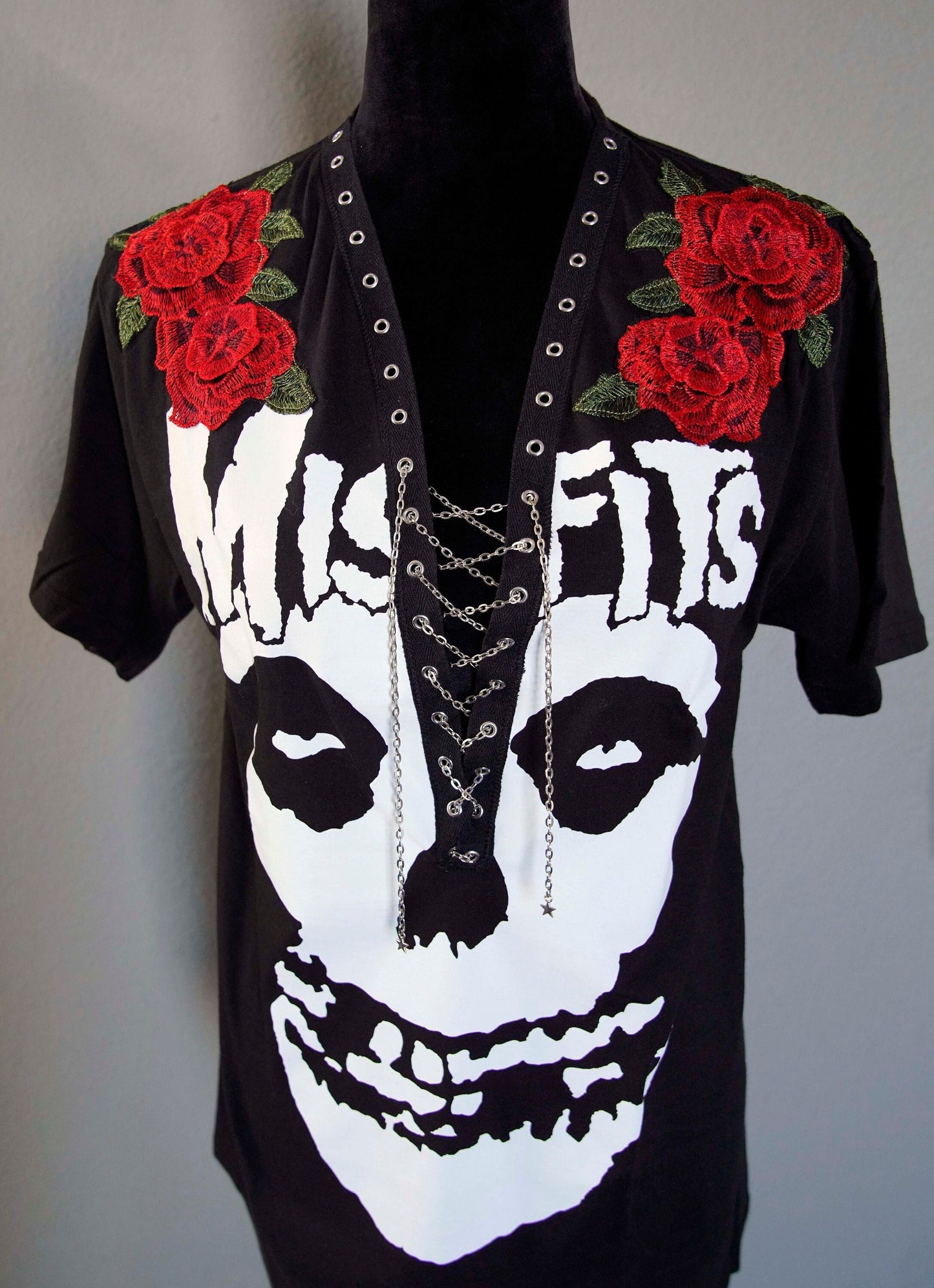 Misfits Lace-Up Band Tee with Roses: Upcycled Concert Shirt
