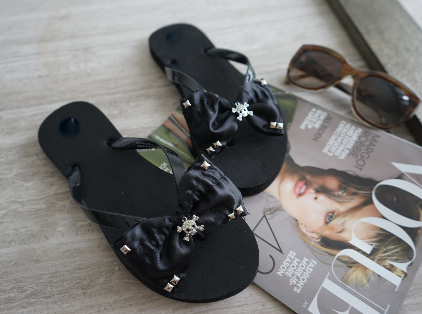 Olivia Paige - Sugar skull stud pyramids Harley skull skulls rockabilly Flip flops with bows