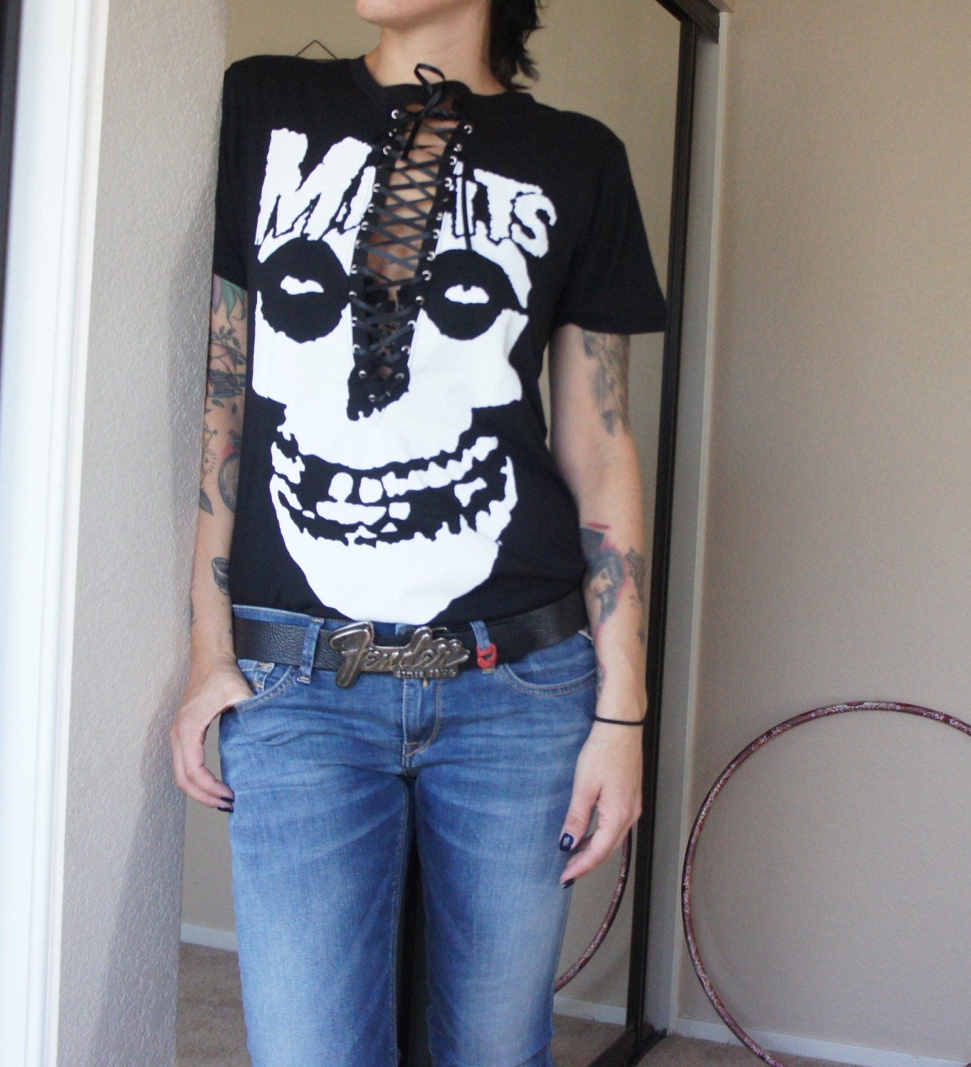 Handmade Misfits Lace-Up Band Tee: Upcycled Gothic Top