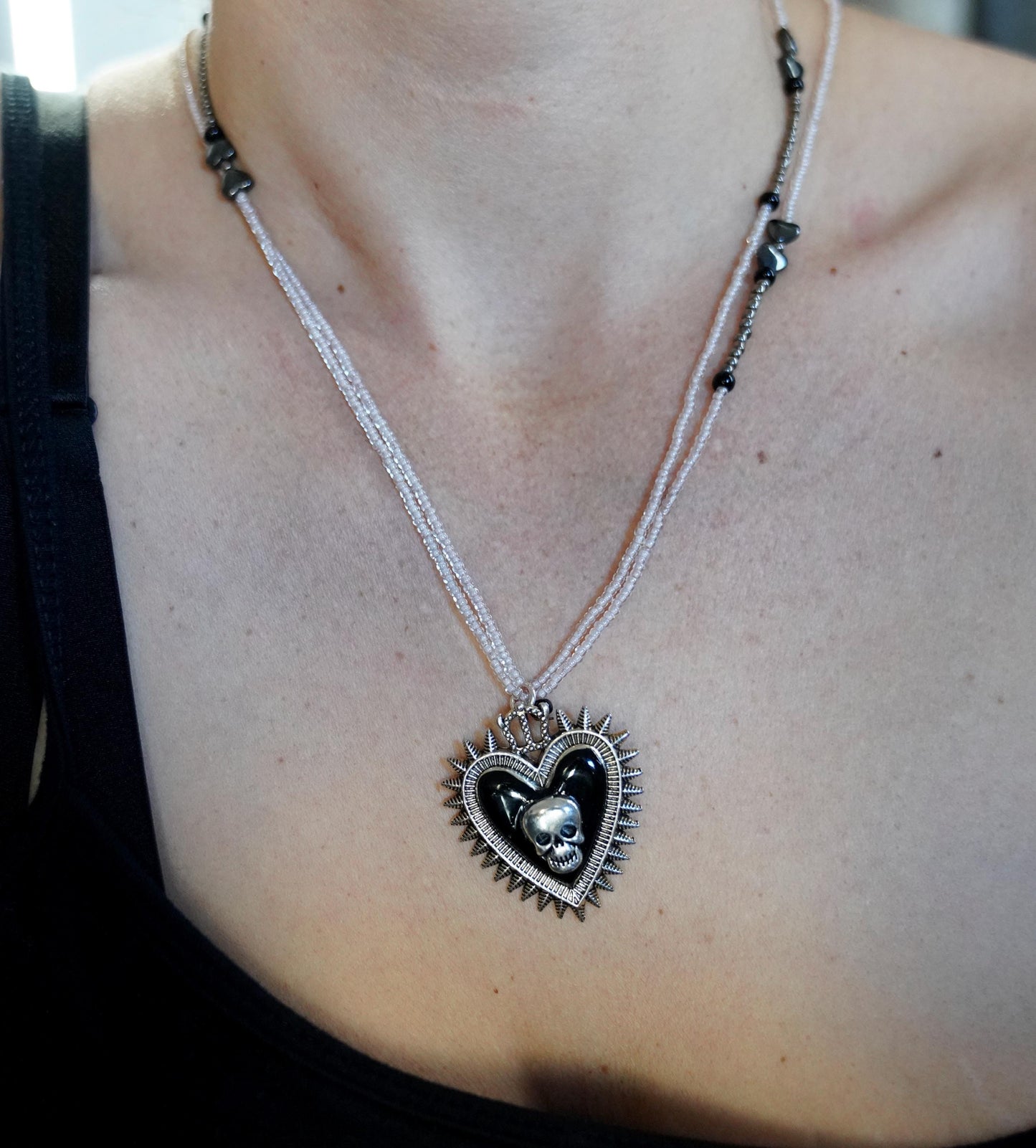 Olivia Paige -Silver Pin up rockabilly Heart Skull Skeleton necklace with Beads
