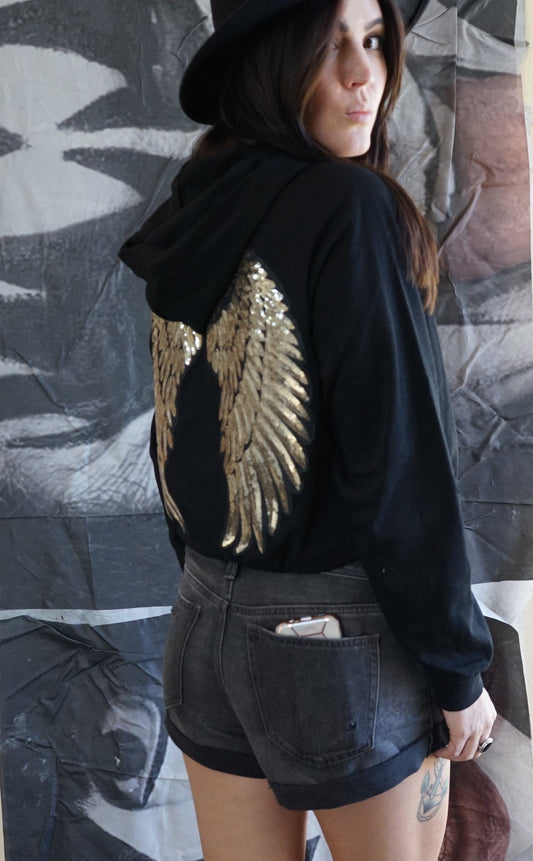 Olivia Paige Black Sweatshirt Gold wings angel crop top hoodie