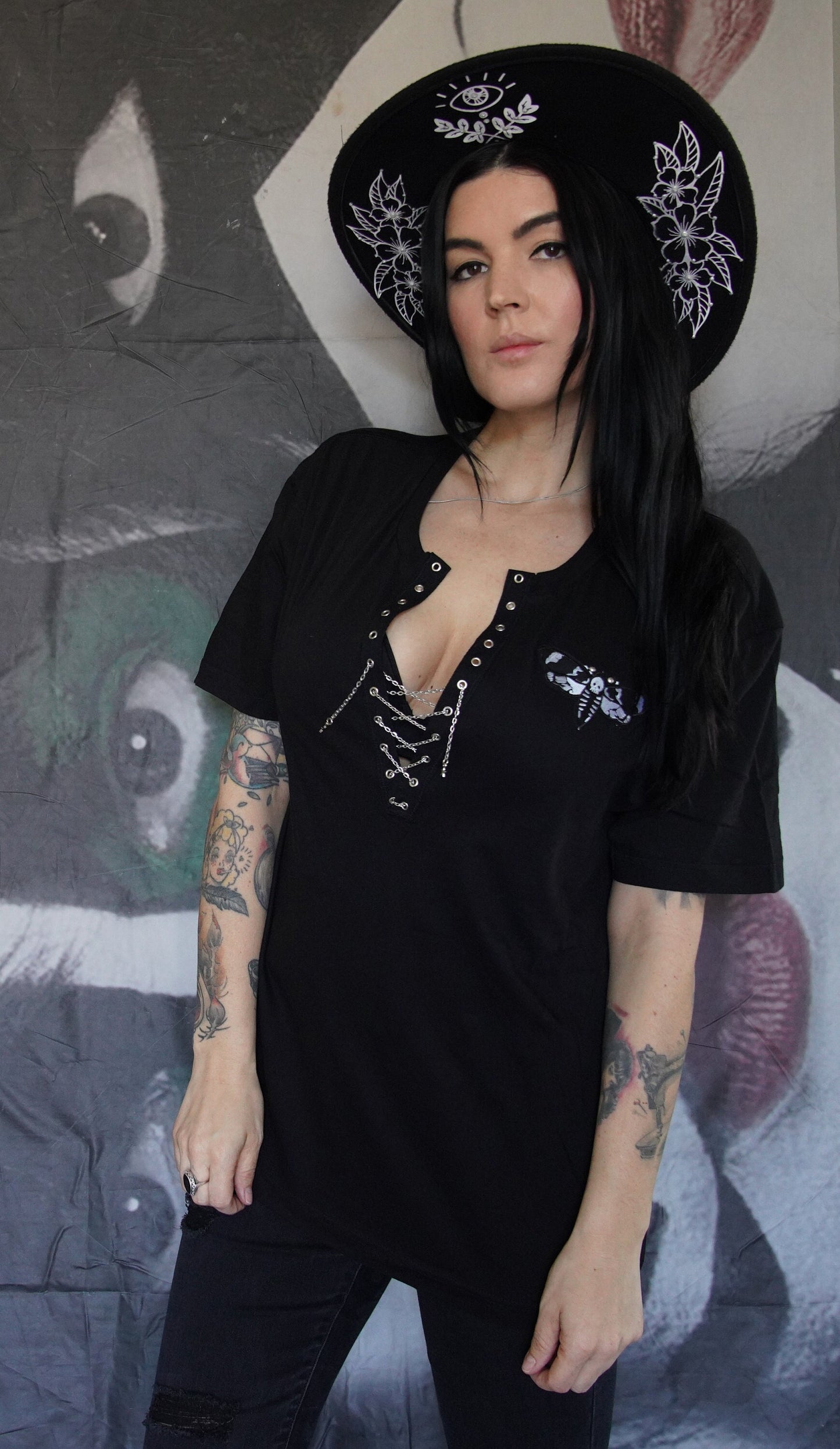 Olivia Paige -Diy top  Death Moth skull v-neck with lace up