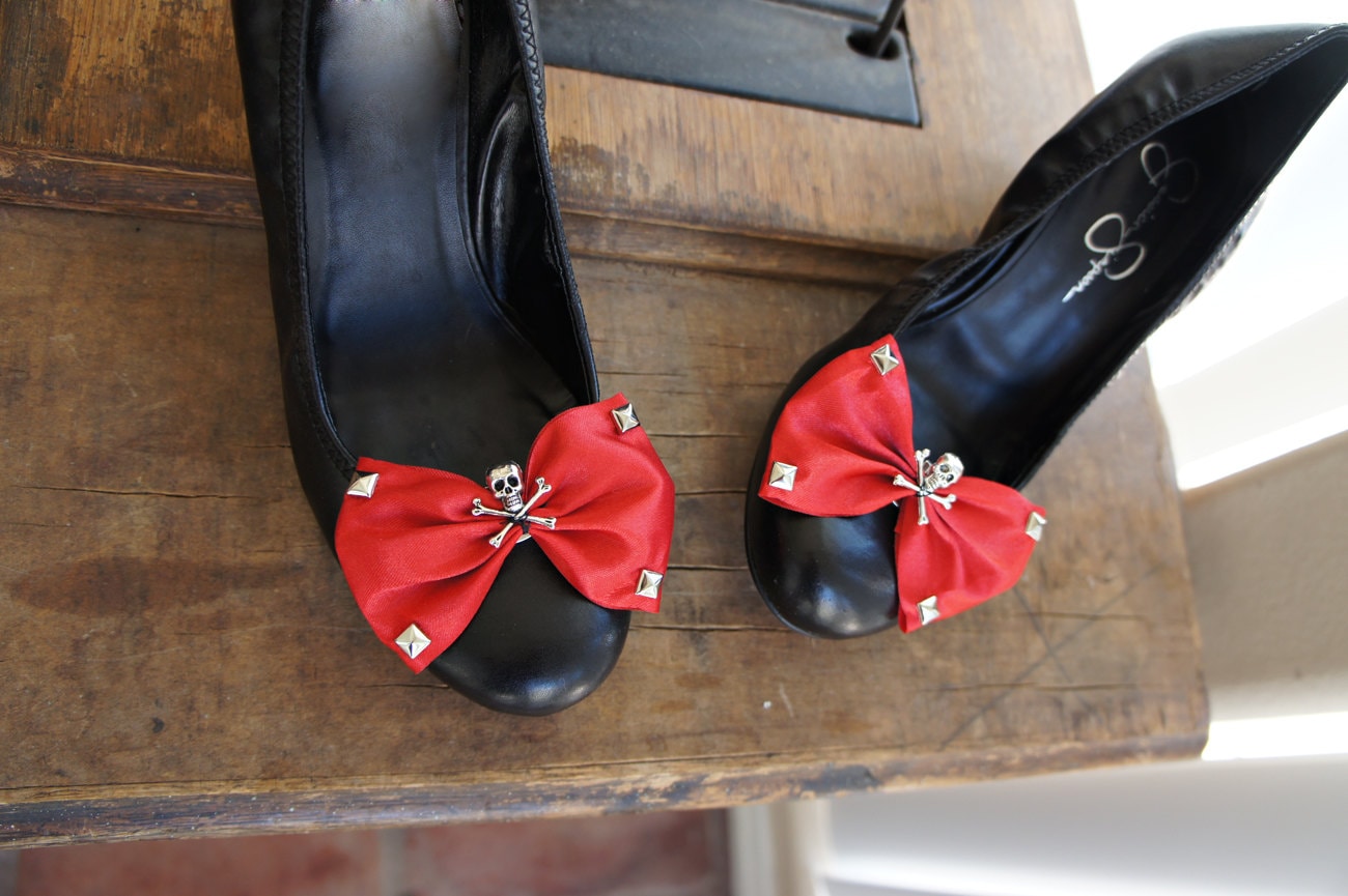 Olivia Paige - Red satin Bow Sugar skull shoe Clips Pirate skulls Crossbones  with studs