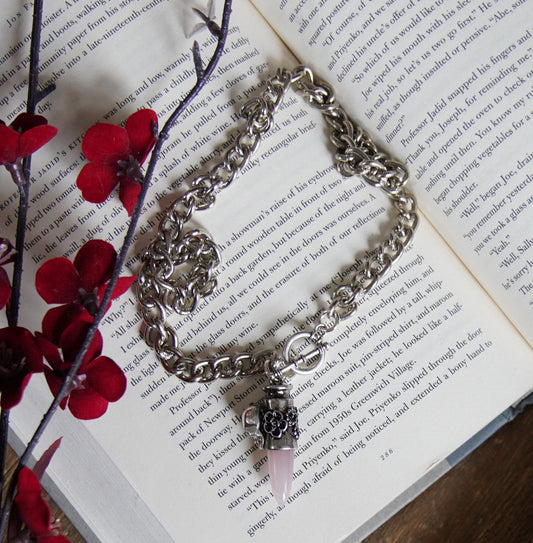 Olivia Paige - Skull silver skeleton Native Crystal gemstone Rose quartz necklace bullet  jewelry healing chakra stone