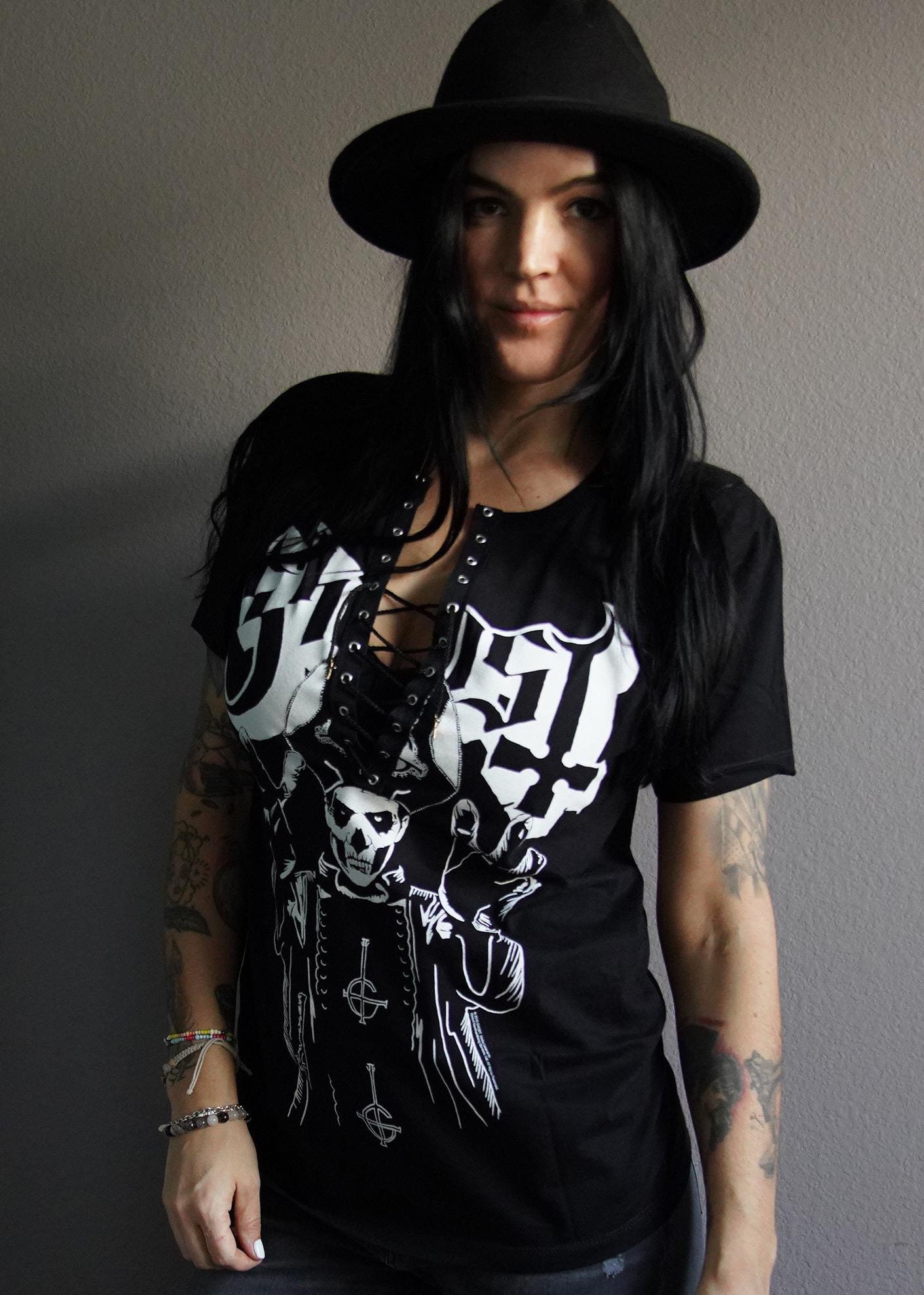 Lace-Up Ghost Band Tee: Upcycled Concert Shirt