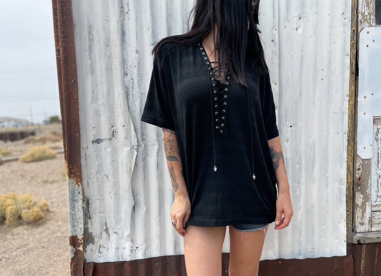 Olivia Paige -Black Front Tee Shirt Grommets Lace up