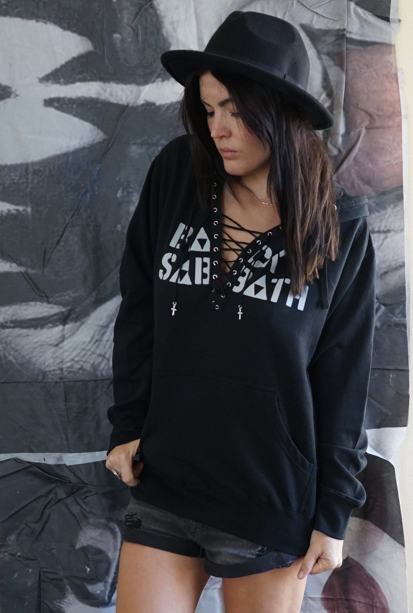 Olivia Paige -Diy Long sleeves Hoodie with lace up Black Sabbath Ozzy