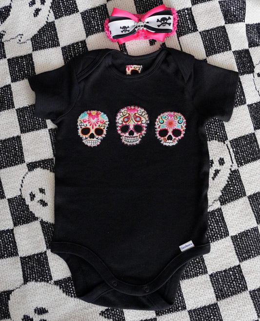 Sugar Skull Baby Bodysuit: Rockabilly Punk Outfit with Hair Bow