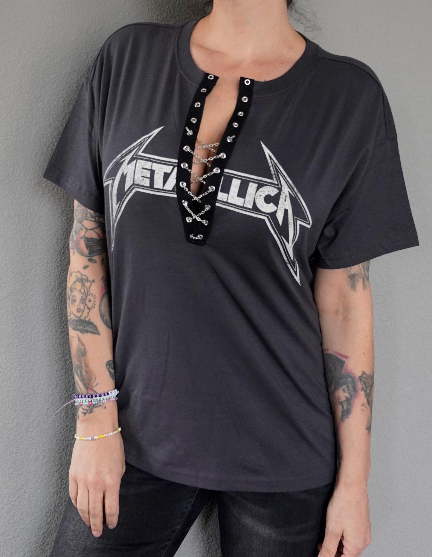 Lace-Up Metallica Concert Tee: Upcycled Band Shirt