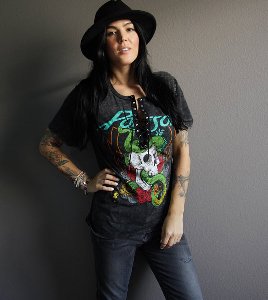 Poison concert Music festival band crew Tee Shirt, T-Shirt, Lace Up Band Tee