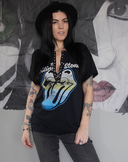 Rolling Stones Lace-Up Band Tee: Upcycled Concert T-Shirt