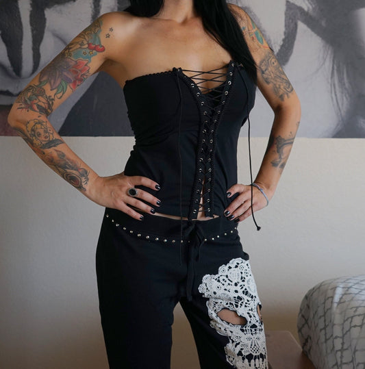 Lace Sugar Skull Outfit: Studded Pants & Tube Top - Punk Rock Set