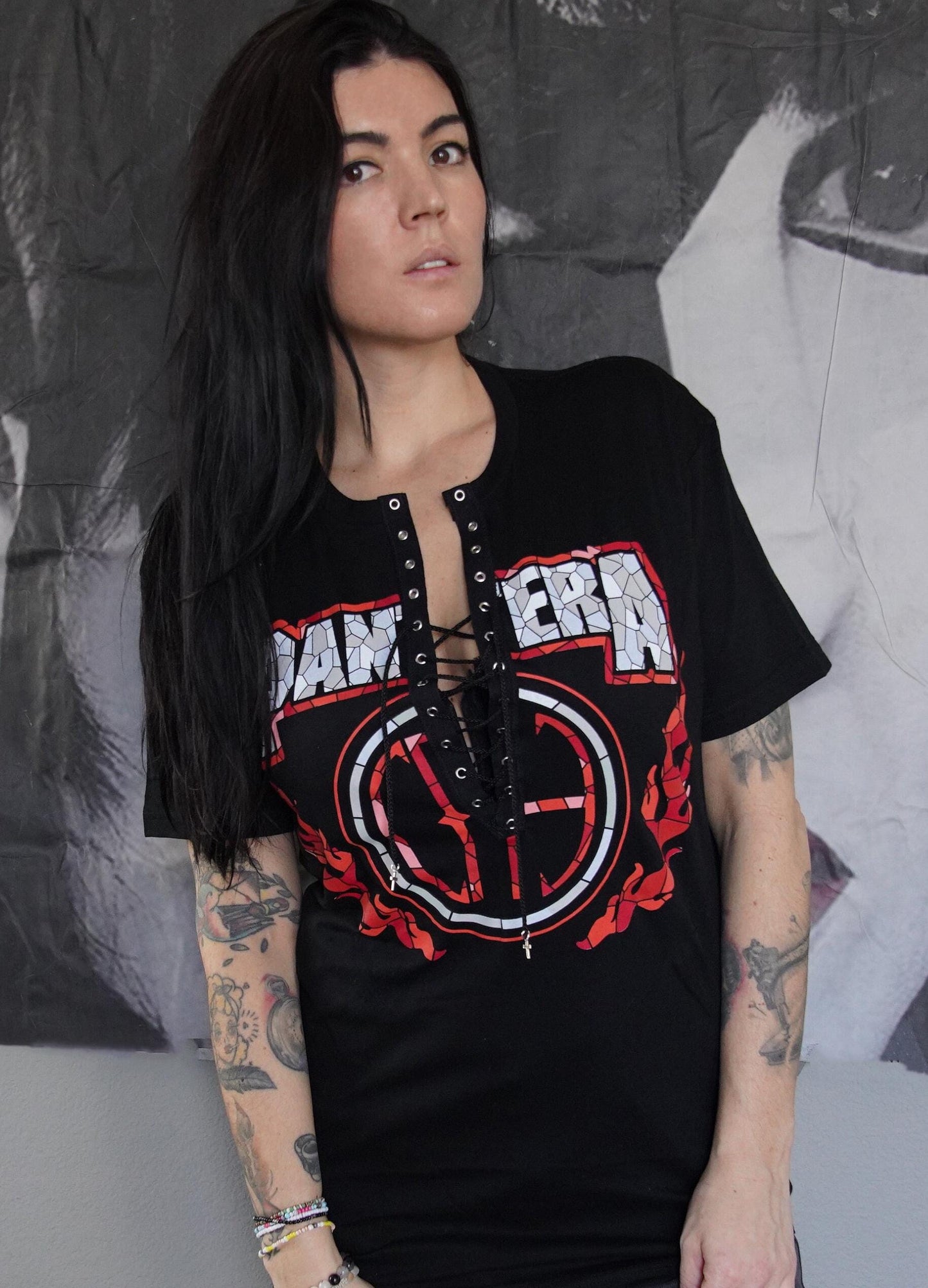 Pantera Lace-Up Band Tee: Acid Wash Concert Shirt