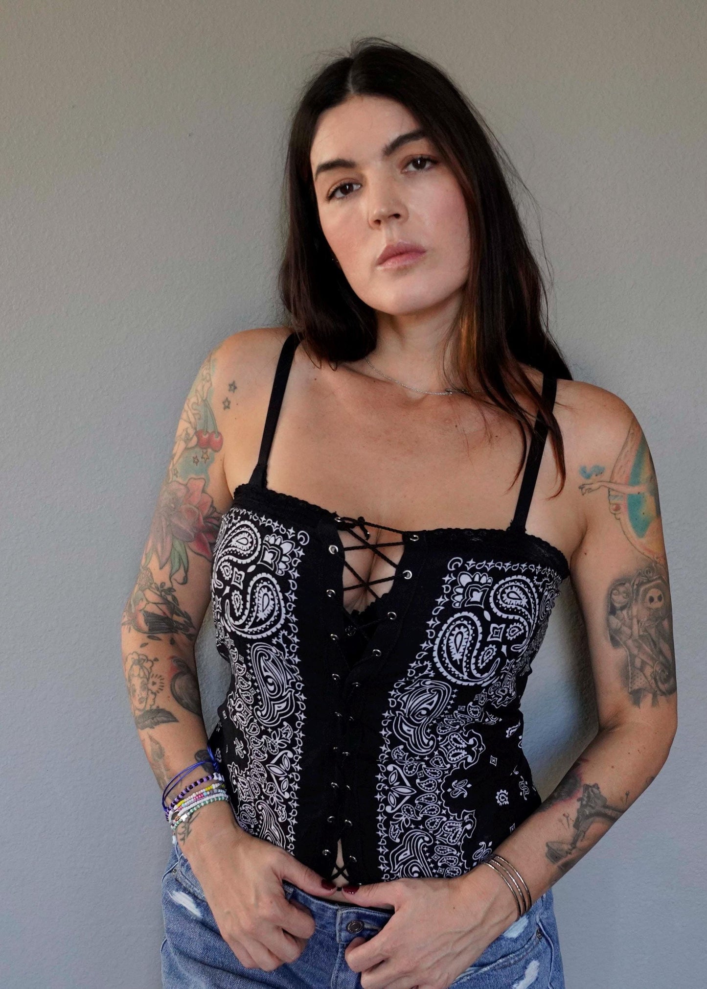 Olivia Paige - Pin up bandana lace top Rockabilly Tube top Corset Lacing