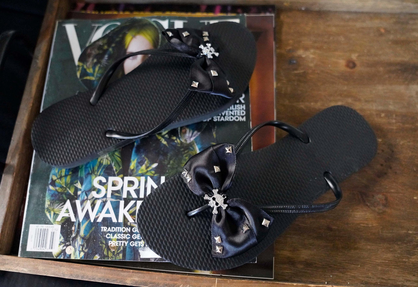 Black Rhinestone Skull Flip Flops: Rockabilly Satin Bow Sandals