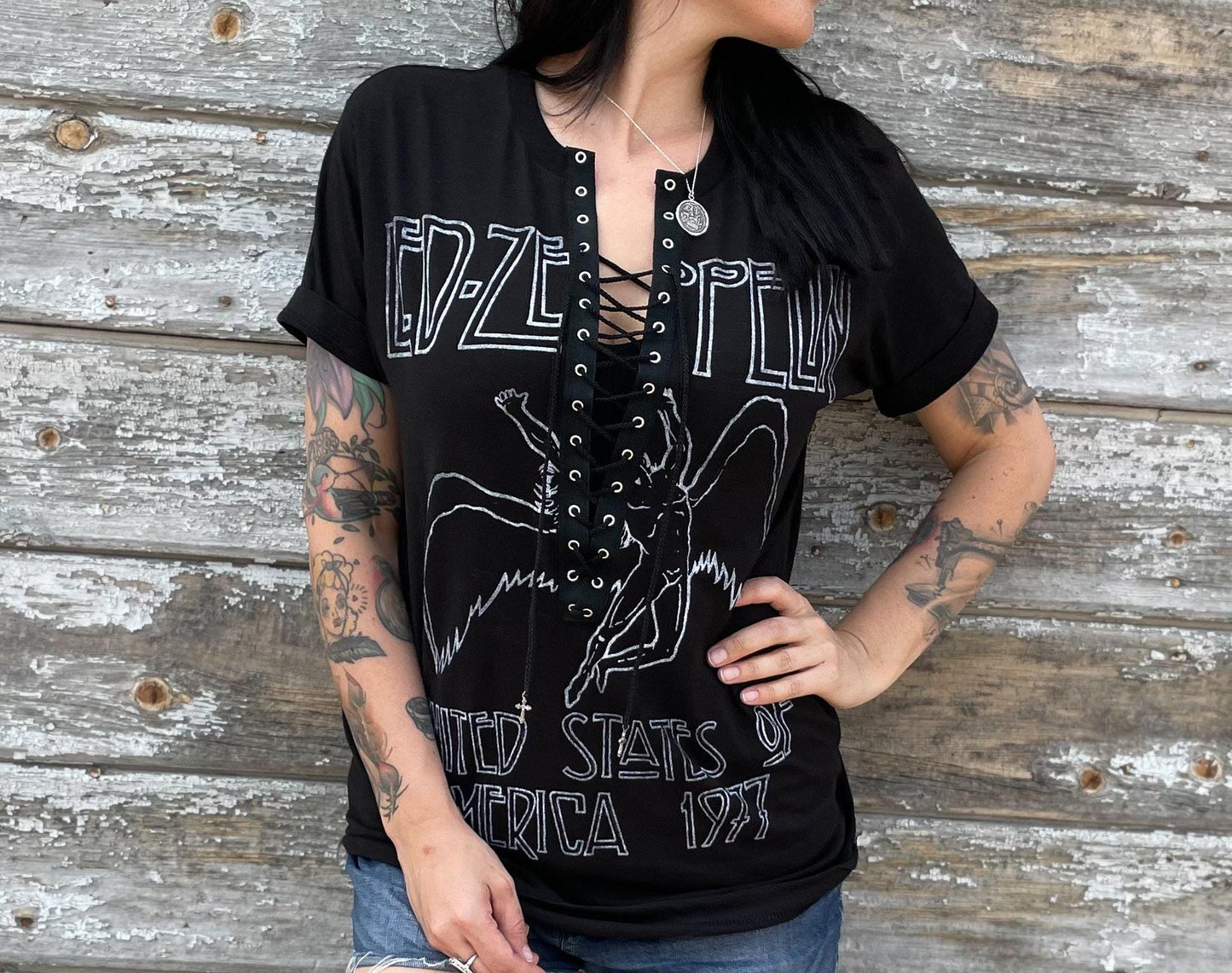 Led Zeppelin Lace-Up Band Tee: Upcycled Concert T-Shirt