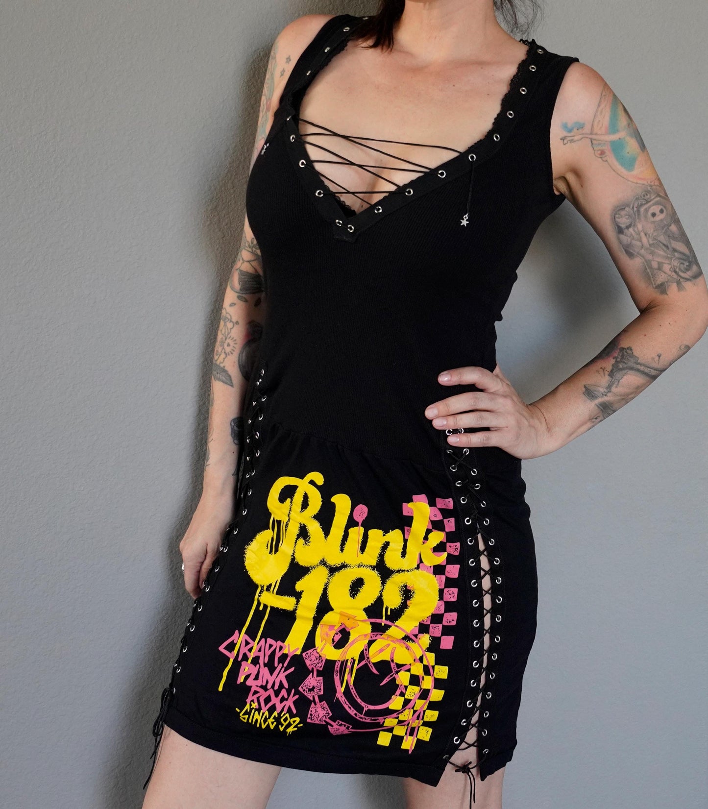 Olivia Paige Clothing - Blink 182 Custom dress Tee with eyelets lace ups